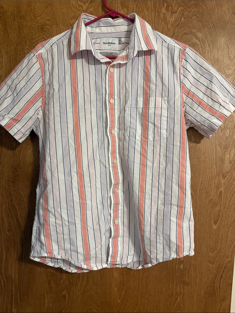 Goodfellow & Co White Short-Sleeve Button-Down with Coral and Navy Stripes